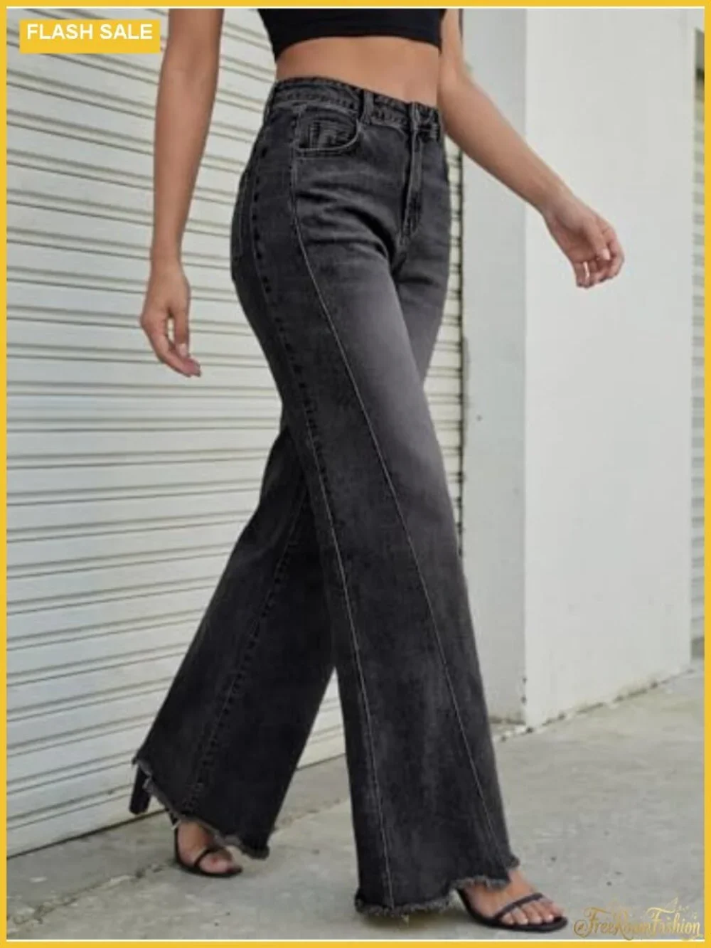 Wide Leg High Waisted Stretch Jeans Raw Hem Baggy Denim Pants